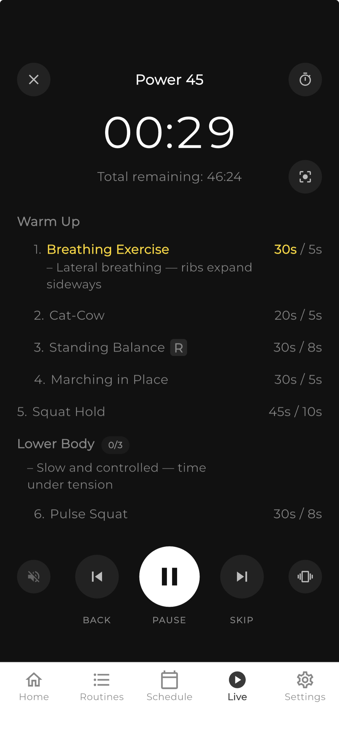 Live class — full routine view